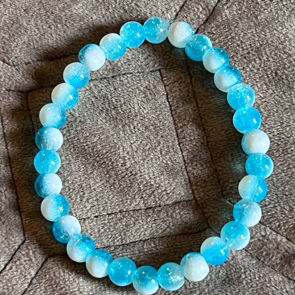 Handmade Jewelry - Handmade Vibrant Aquamarine & White Beaded Bracelet, Size 7”